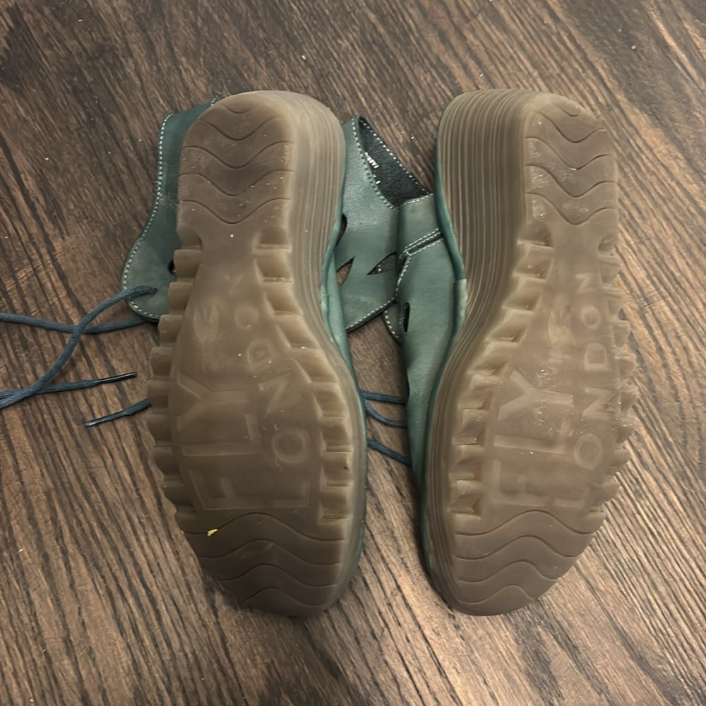 Fly London Teal Green Cutout Lace-Up Wedge Sandals - Picture 5 of 7